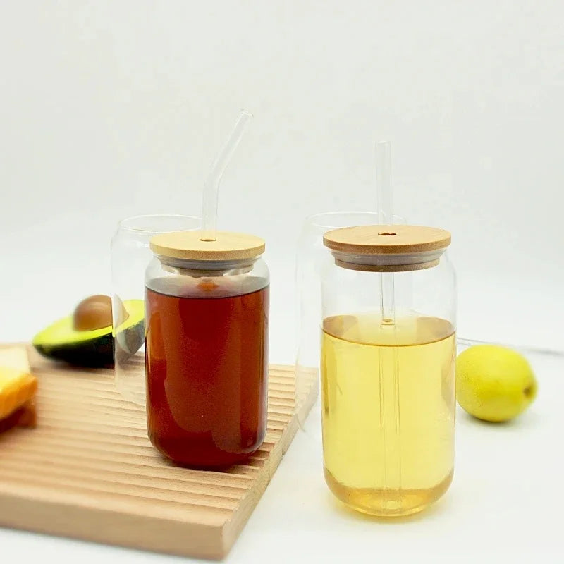 Creative Glass Cup Bamboo Lid Can Shape Tea Coffee Juice Glass