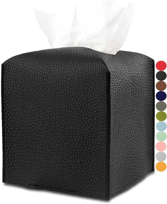 JESMINI Black Leather Tissue Box Cover - Square PU Leather Tissue Holder with Bottom Belt - Decorative and Aesthetic for Bathroom, Home Office