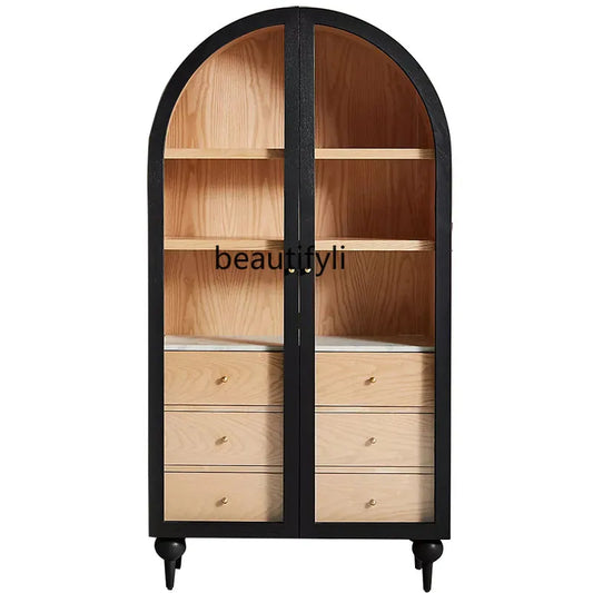 Retro Black Arched Double Door Solid Wood Bookcase