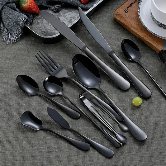 Black Stainless Steel Tableware Mirror Cutlery Set Kitchen