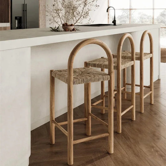 Simple Solid Wood Rattan Bar Chairs Home Retro Designer Hotel Restaurant