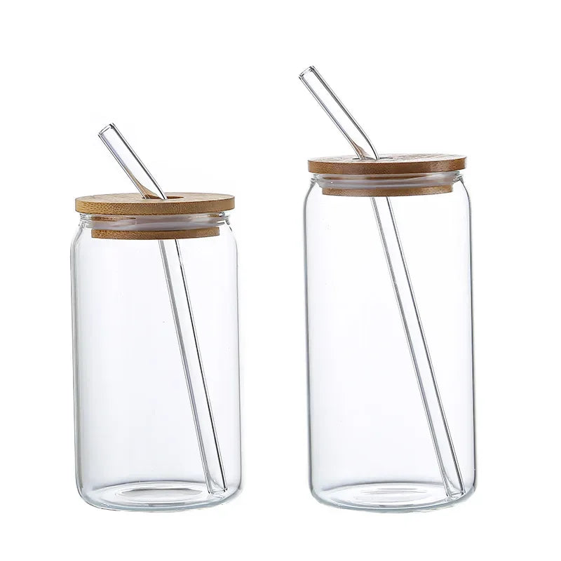 Creative Glass Cup Bamboo Lid Can Shape Tea Coffee Juice Glass