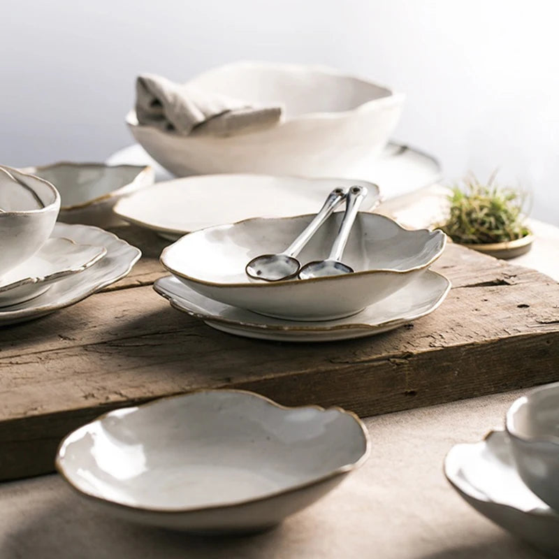 Irregular White Ceramic Plates and Dishes, Household Rice Bowl