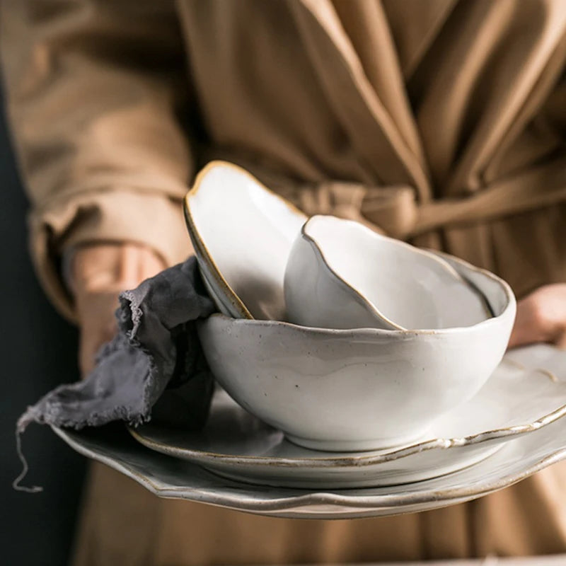 Irregular White Ceramic Plates and Dishes, Household Rice Bowl