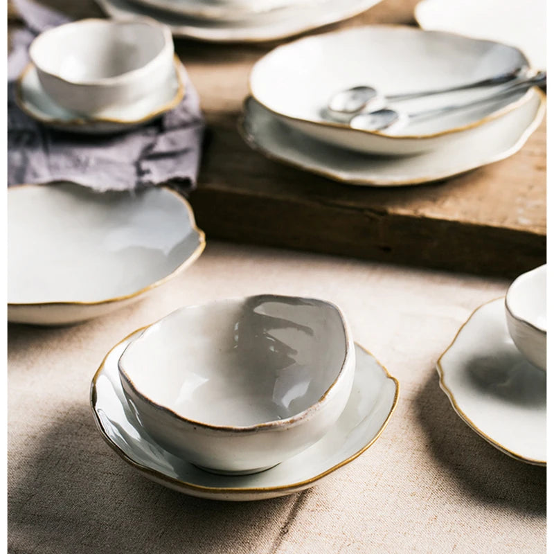 Irregular White Ceramic Plates and Dishes, Household Rice Bowl